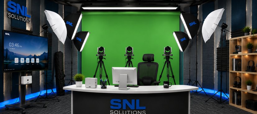 SNL Solutions turnkey AV studio setup with green screen, PTZ cameras, studio lighting and interactive flat panel