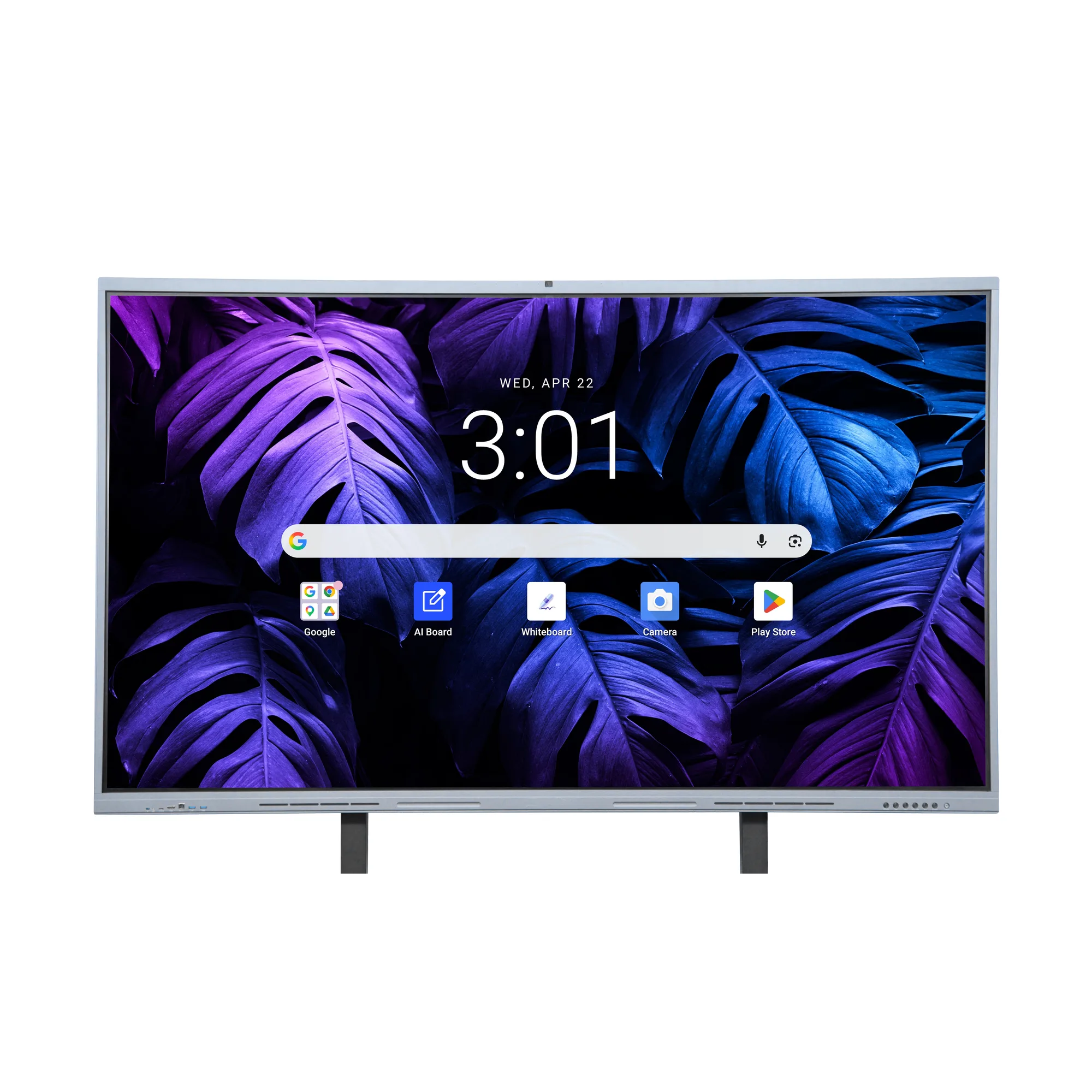 SNL 55 inch IFP front view showing the Android home screen on a trolley stand