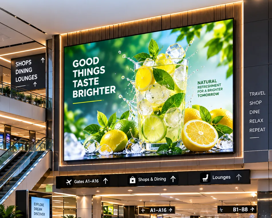 SNL indoor Active LED Video Wall in an airport concourse showing a drinks advertisement