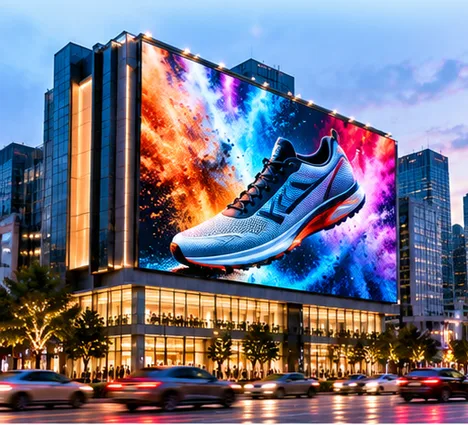 An SNL LED video wall showing a running shoe advertisement on a city building at dusk