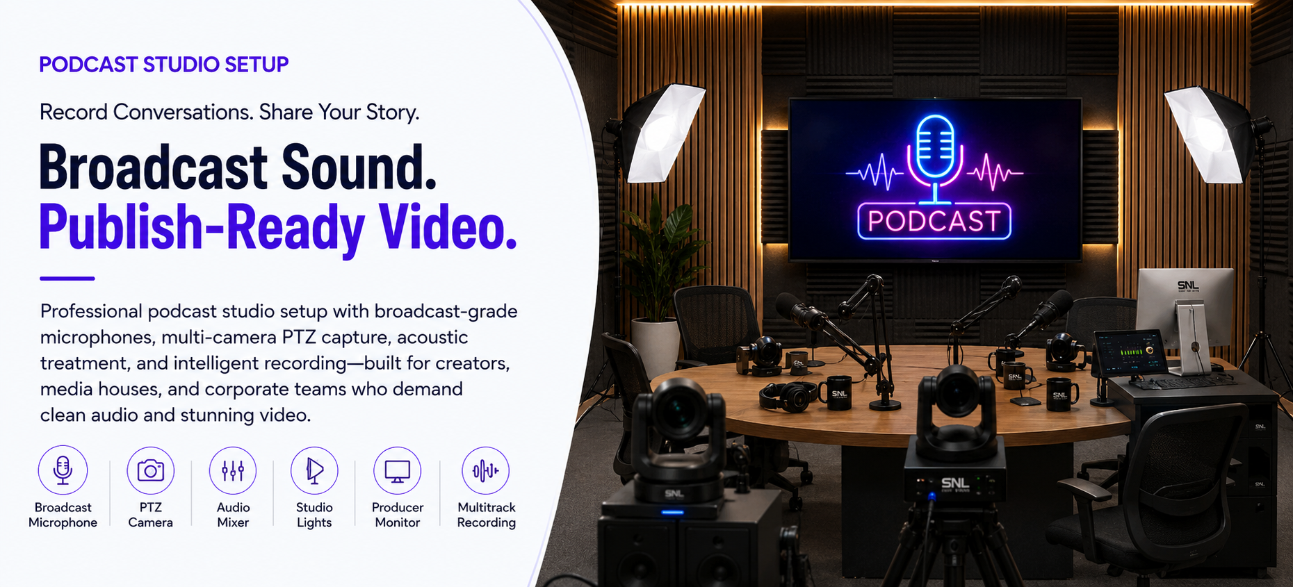 Banner reading "Broadcast Sound. Publish-Ready Video." over a podcast studio setup with a round table, PTZ cameras, microphones, and a neon podcast sign