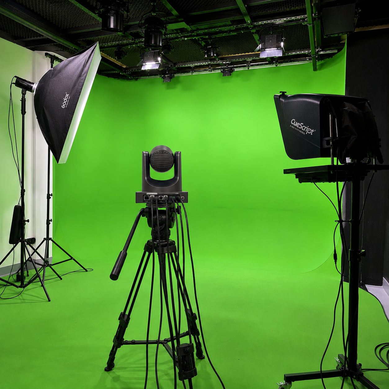 Presenter standing in front of a green screen backdrop with studio lighting and an overhead PTZ camera
