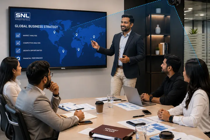 Business team presenting global strategy on a large SNL-branded display in a conference room with a ceiling PTZ camera