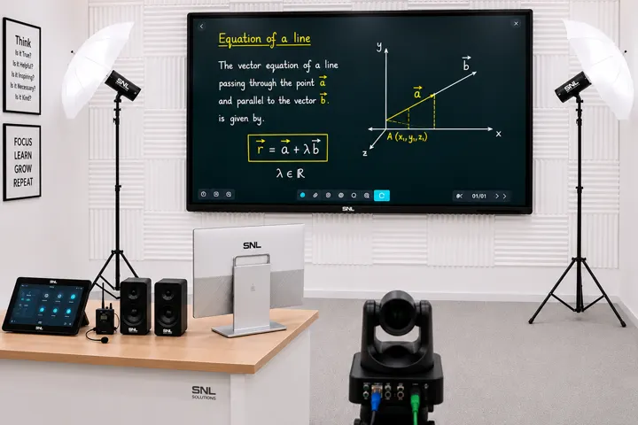 Teacher presenting on a display to an in-person class while a ceiling PTZ camera streams the hybrid session