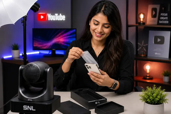 Content creator filming at a desk with a softbox light and PTZ camera, unboxing a phone in front of a YouTube-branded backdrop