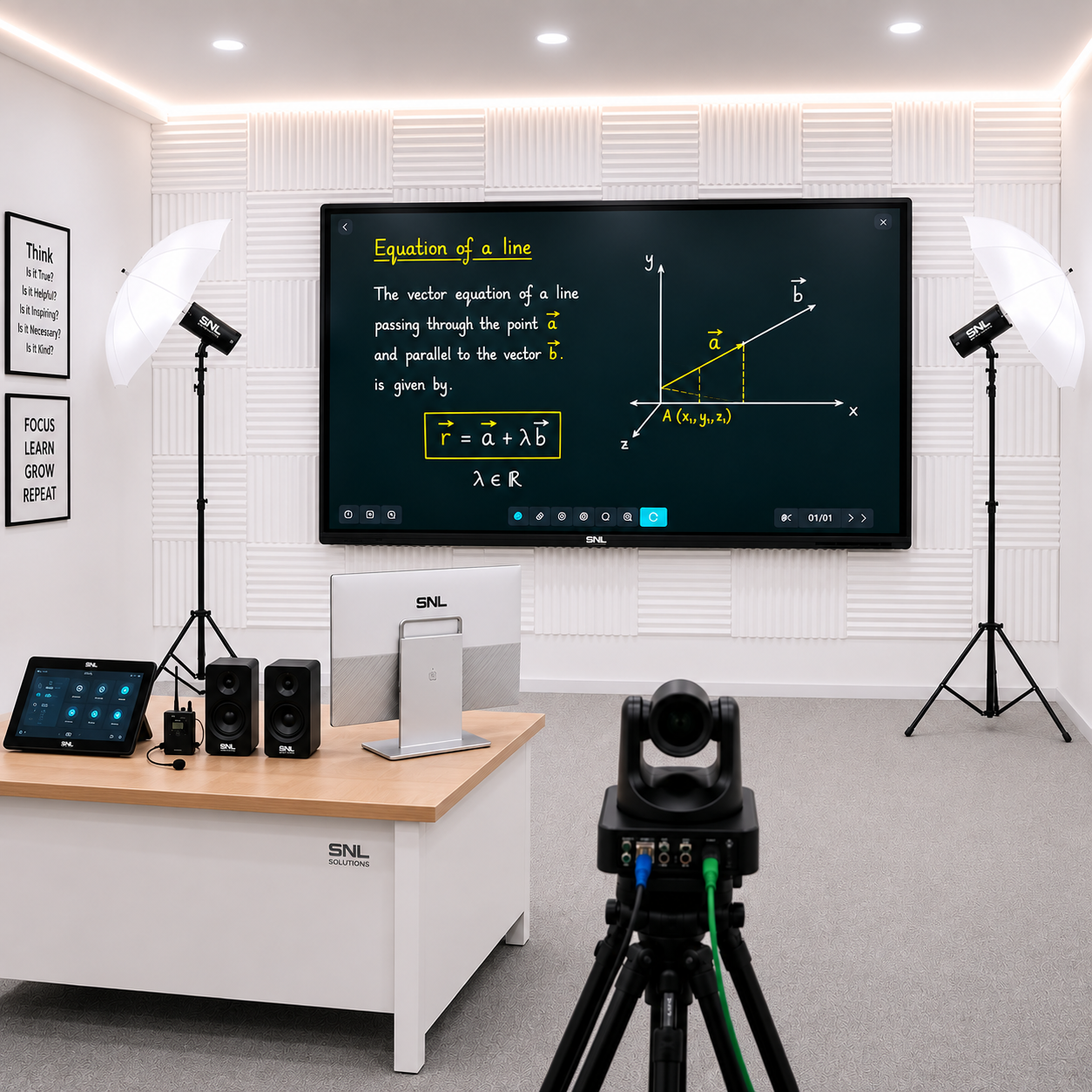 Teacher presenting on a display to an in-person class while a ceiling PTZ camera streams the hybrid session
