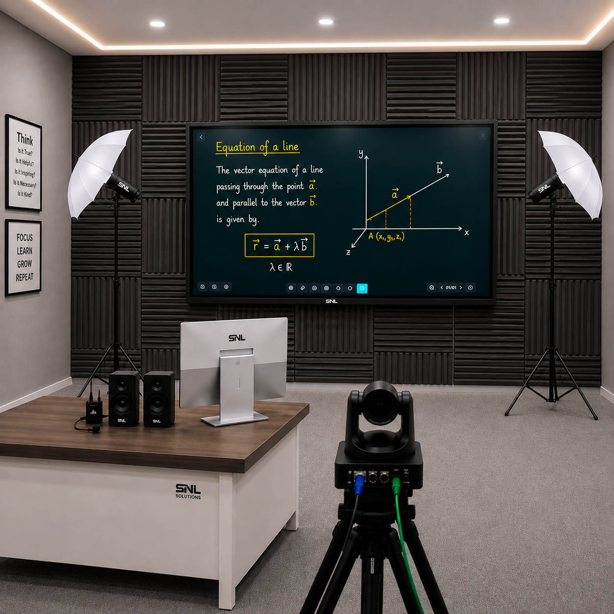 PTZ camera on a tripod facing a secondary monitor, with dual softbox lighting and wireless microphones set up in a living-room-style hybrid studio
