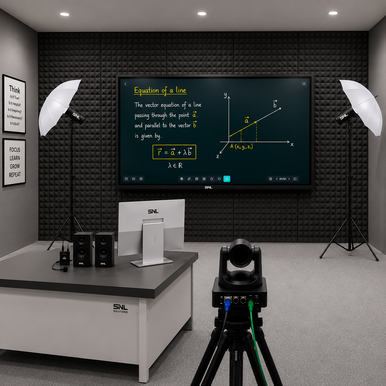 Wall-mounted interactive flat panel display above a media console, with a PTZ camera, secondary monitor, and softbox lighting set up in a living-room-style hybrid studio