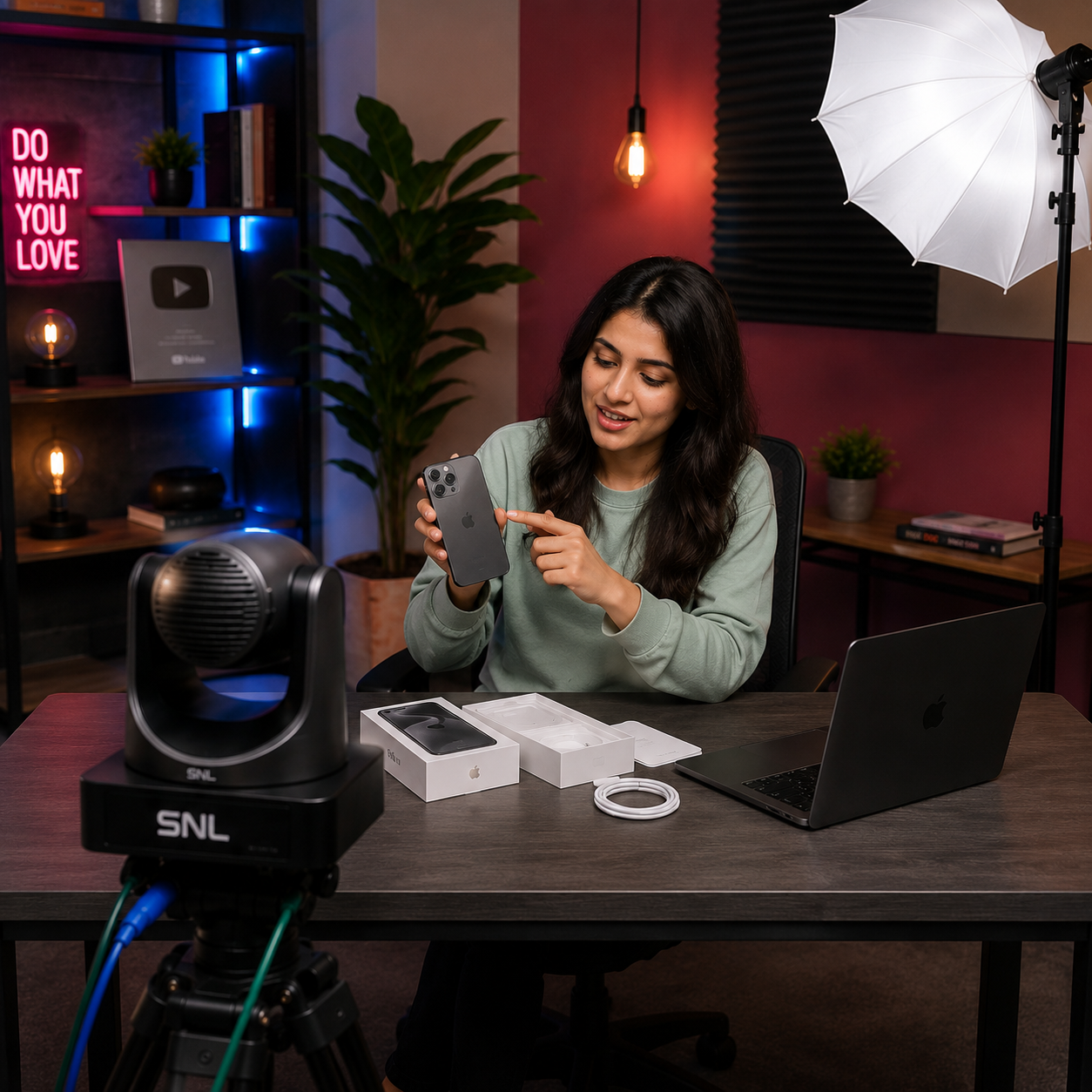 Content creator at a desk with a softbox light and PTZ camera, unboxing a phone next to a laptop in front of a neon "Do What You Love" sign and YouTube award plaque
